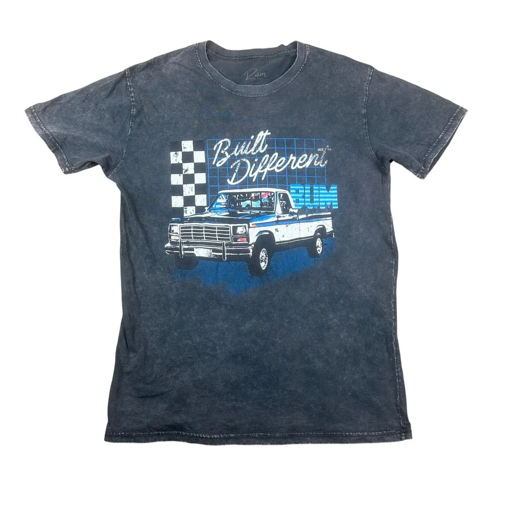 Rum Mens Built Different Truck Graphic T Shirt Acid Wash Charcoal Gray Small